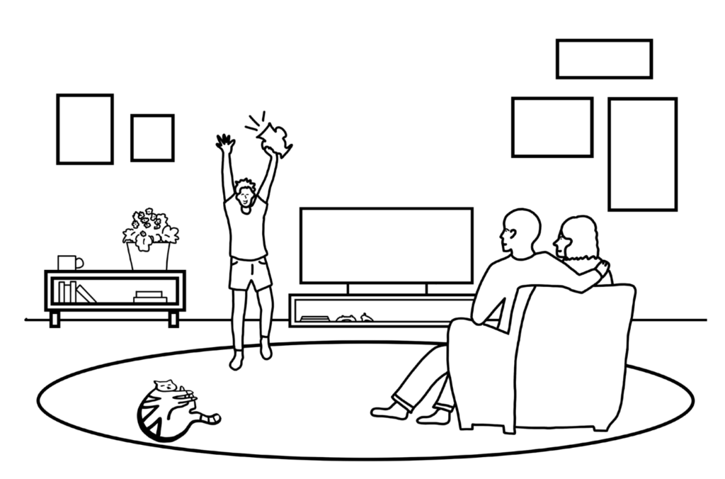 Outline of a family on a sofa with a young person jumping for joy