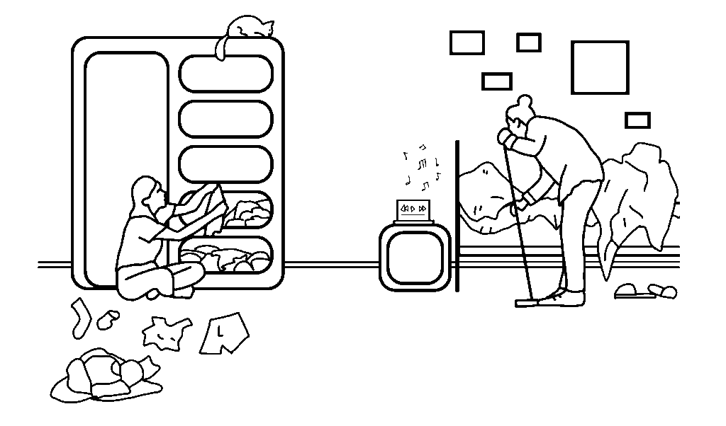 Outline of a parent and a child tidying and sweeping the young person's bedroom.